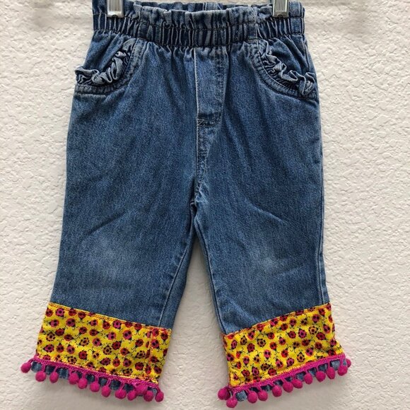 Girls Arizona Jean Co Pants Elastic waist 12M Ladybug Pom Poms Jeans Ruffles - Picture 1 of 6